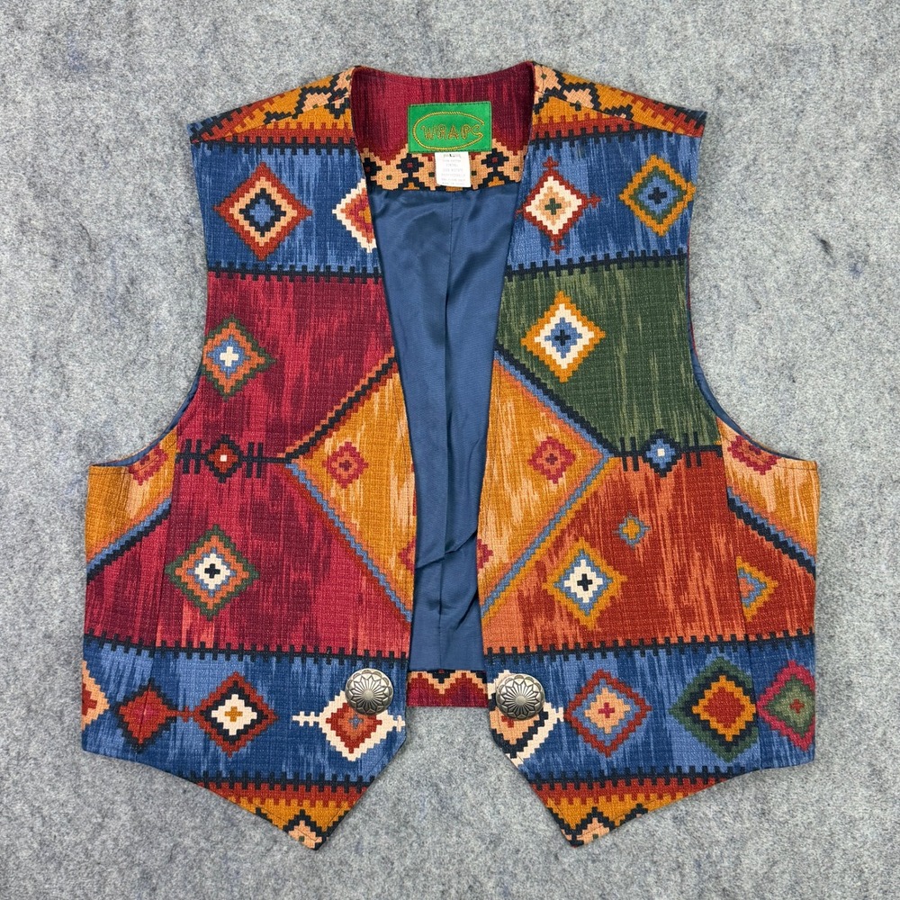 Wraps Southwest Tapestry Vest Womens Large Multi Color Concho Button Made in USA